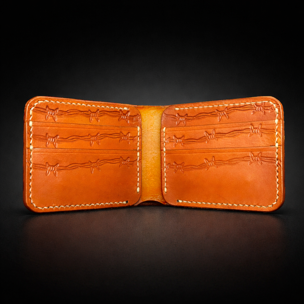 A41 NOVA Outlaw Wallet — Handmade Tan Leather Bifold-Cream Thread