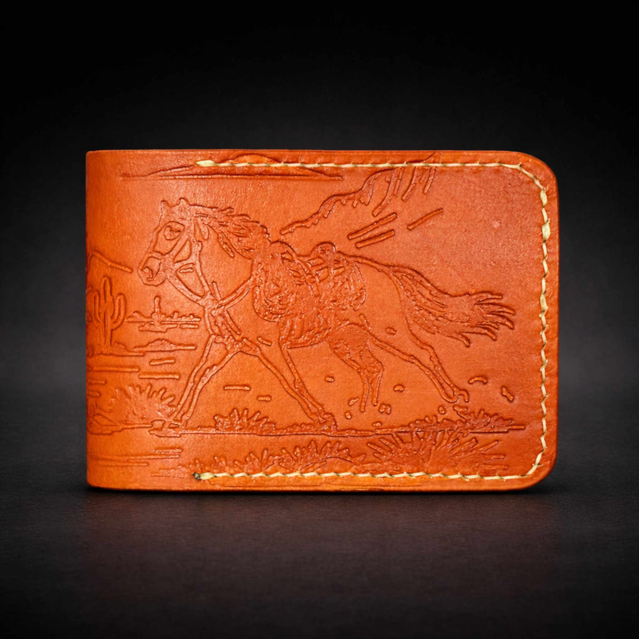 A41 NOVA Outlaw Wallet — Handmade Tan Leather Bifold-Cream Thread