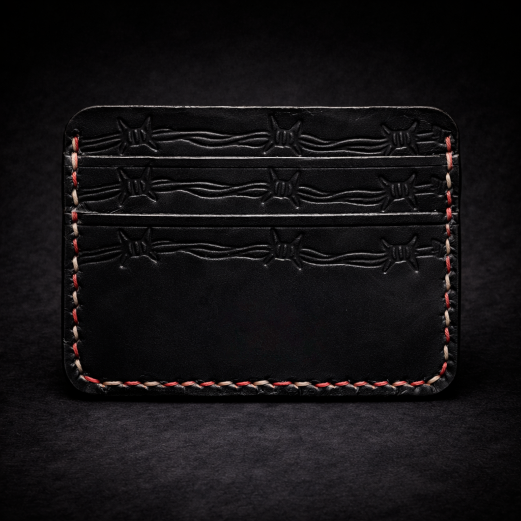 A41 EMBER Spurwire Wallet — Handmade Black Leather Card Wallet-Red & White Stitch