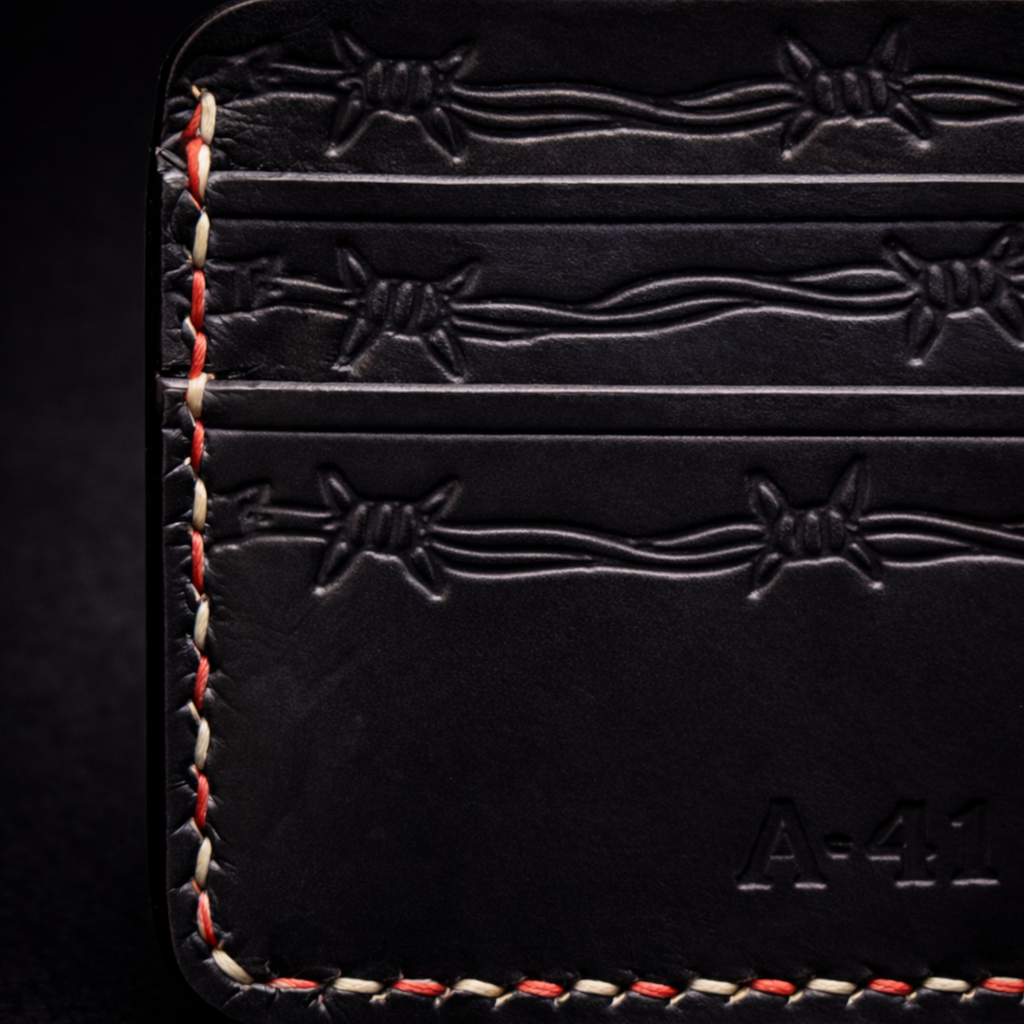 A41 EMBER Spurwire Wallet — Handmade Black Leather Card Wallet-Red & White Stitch