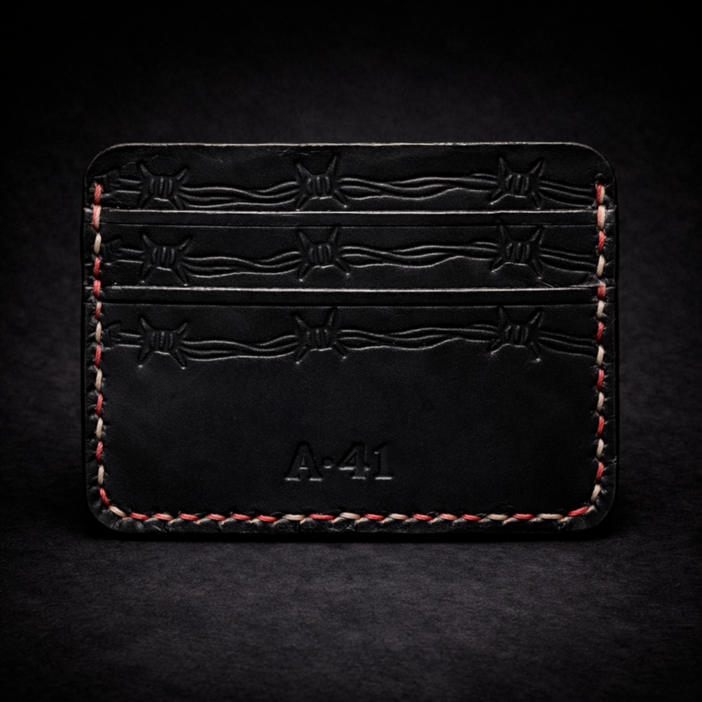 A41 EMBER Spurwire Wallet — Handmade Black Leather Card Wallet-Red & White Stitch
