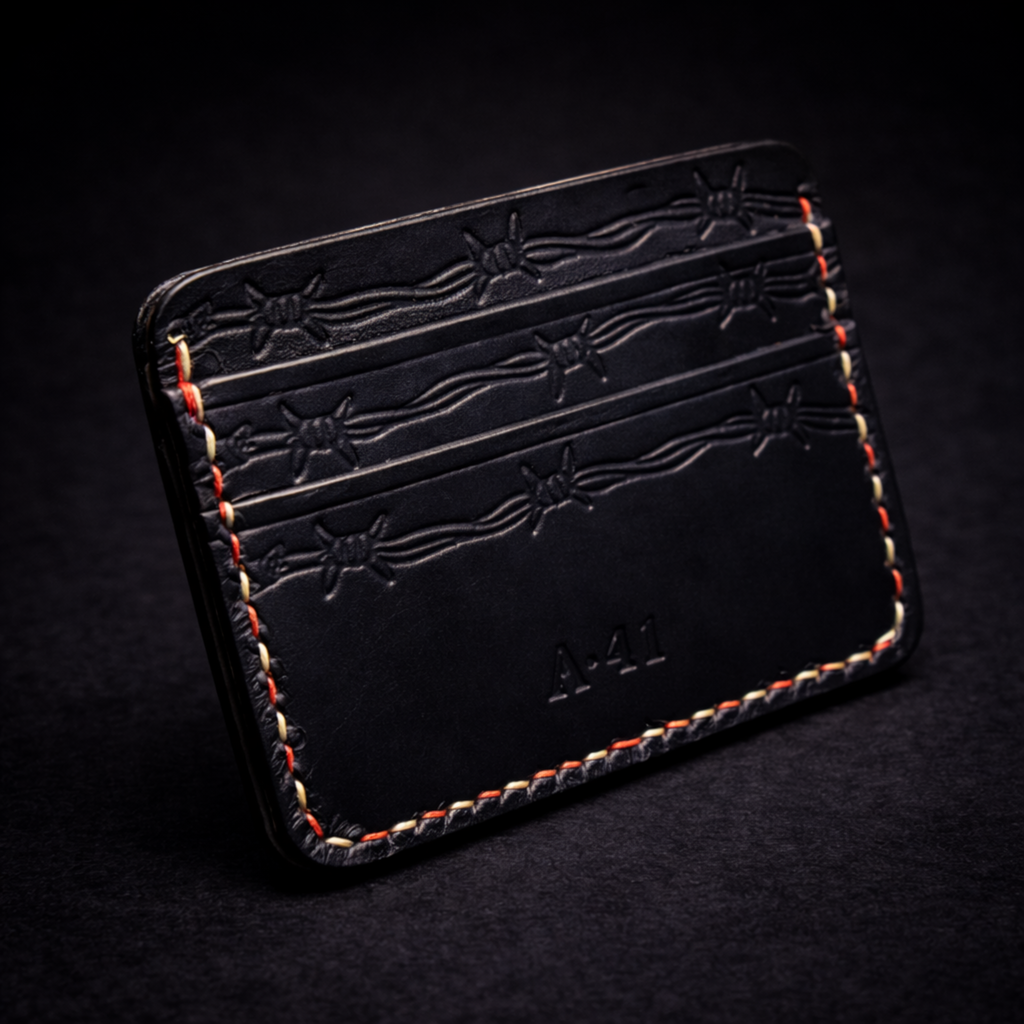 A41 EMBER Spurwire Wallet — Handmade Black Leather Card Wallet-Red & White Stitch