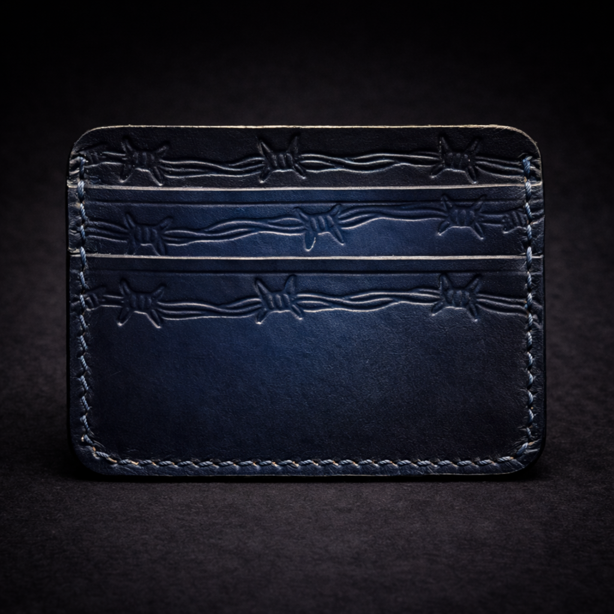 A41 EMBER Spurwire Wallet — Handmade Navy Sunburst Leather Card Wallet-Black Thread
