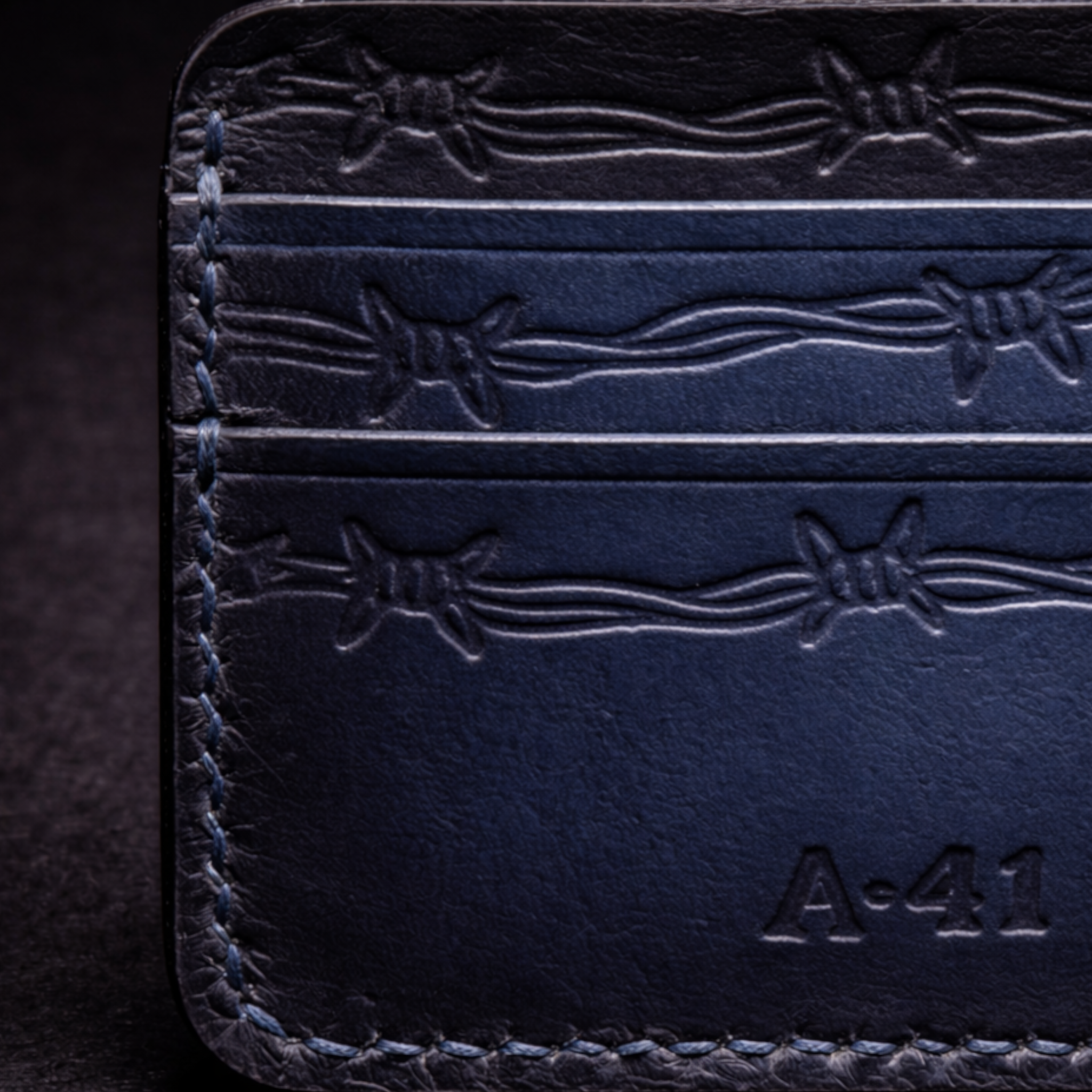 A41 EMBER Spurwire Wallet — Handmade Navy Sunburst Leather Card Wallet-Black Thread