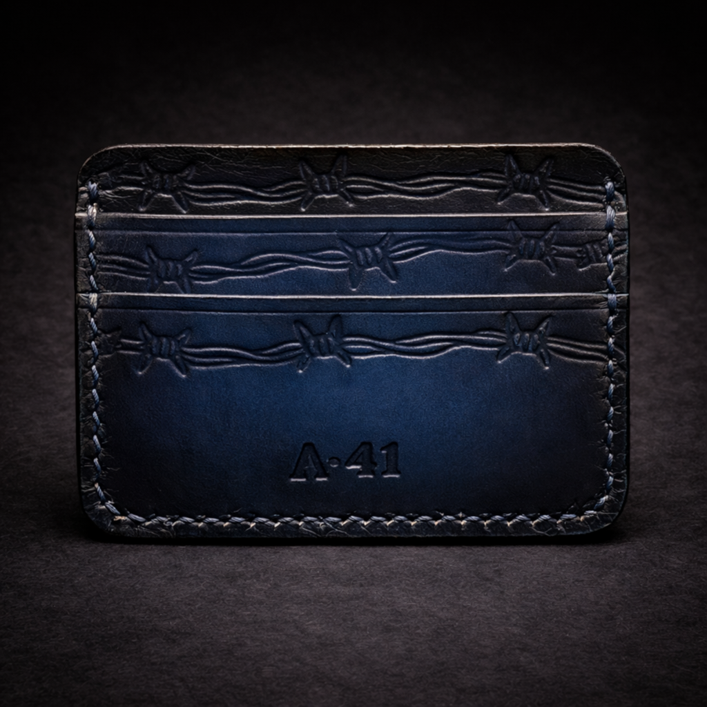 A41 EMBER Spurwire Wallet — Handmade Navy Sunburst Leather Card Wallet-Black Thread